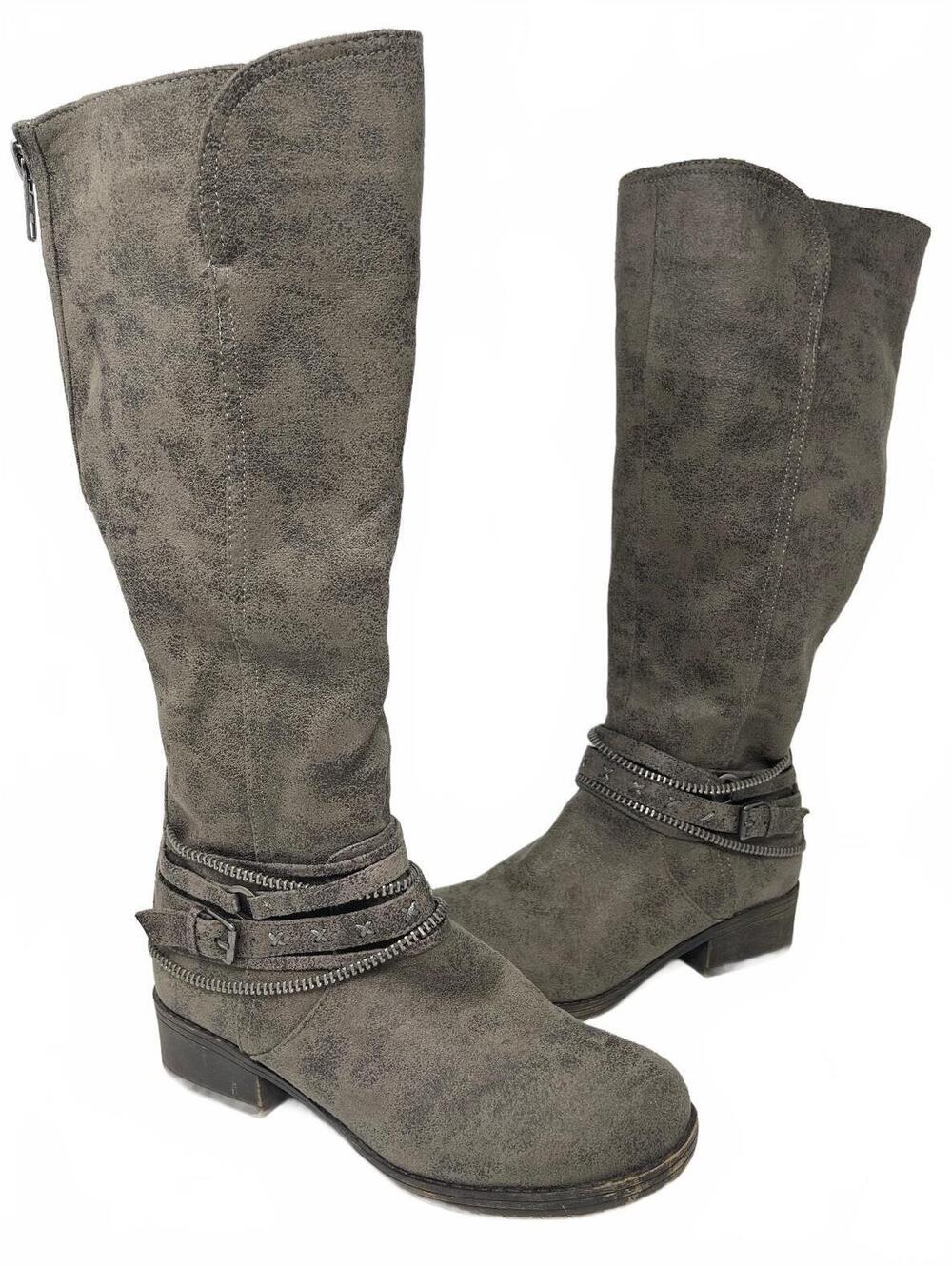 Women's Taupe Gray Faux Suede Knee High Riding Boots Straps Zipper Size